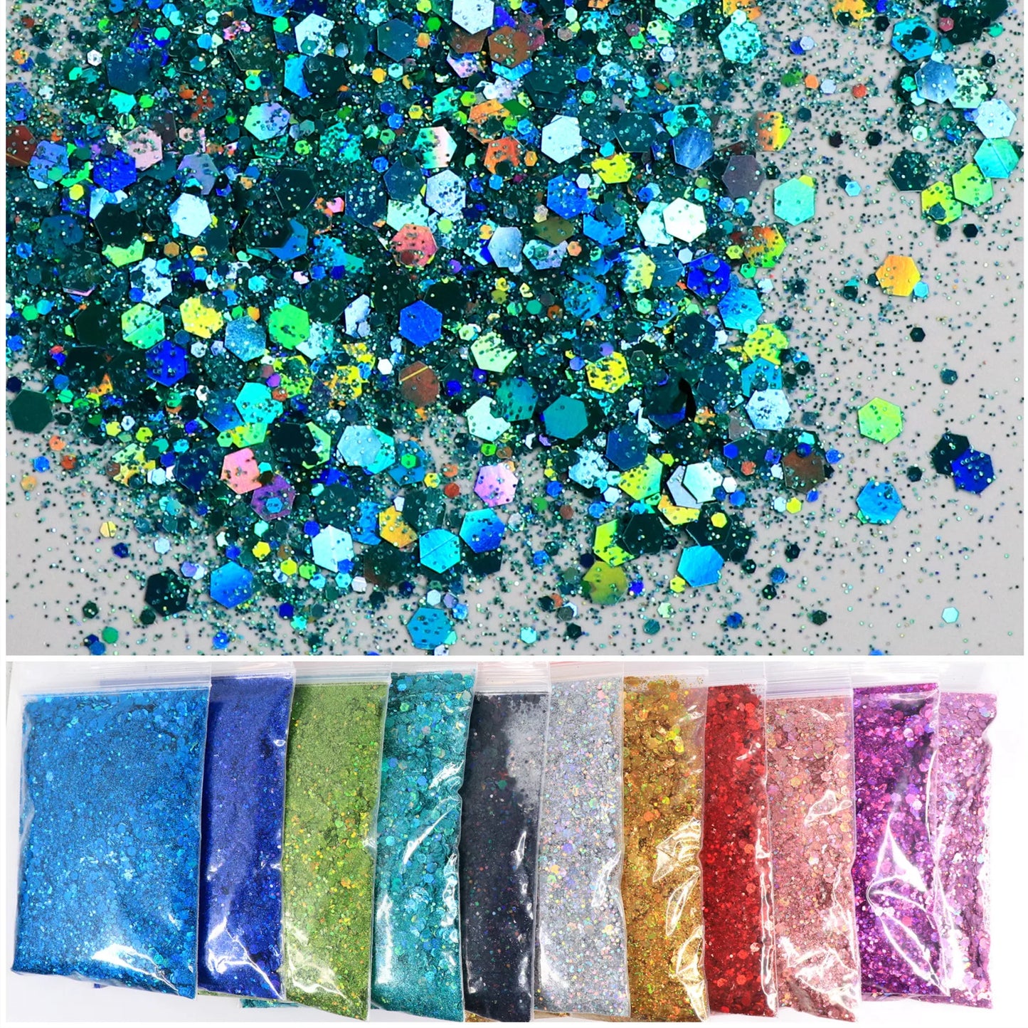 50g Mirror Iridescent Mixed Hexagon Nail Glitter Sequins Mermaid Holographic Spangles Chunky Flakes Face Make Up Nail Art Powder