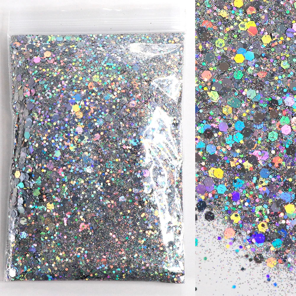 50g Mirror Iridescent Mixed Hexagon Nail Glitter Sequins Mermaid Holographic Spangles Chunky Flakes Face Make Up Nail Art Powder